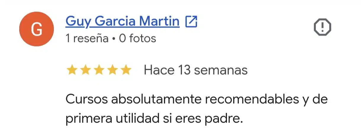 Reseña real de Google del curso de primeros auxilios para bebés y niños