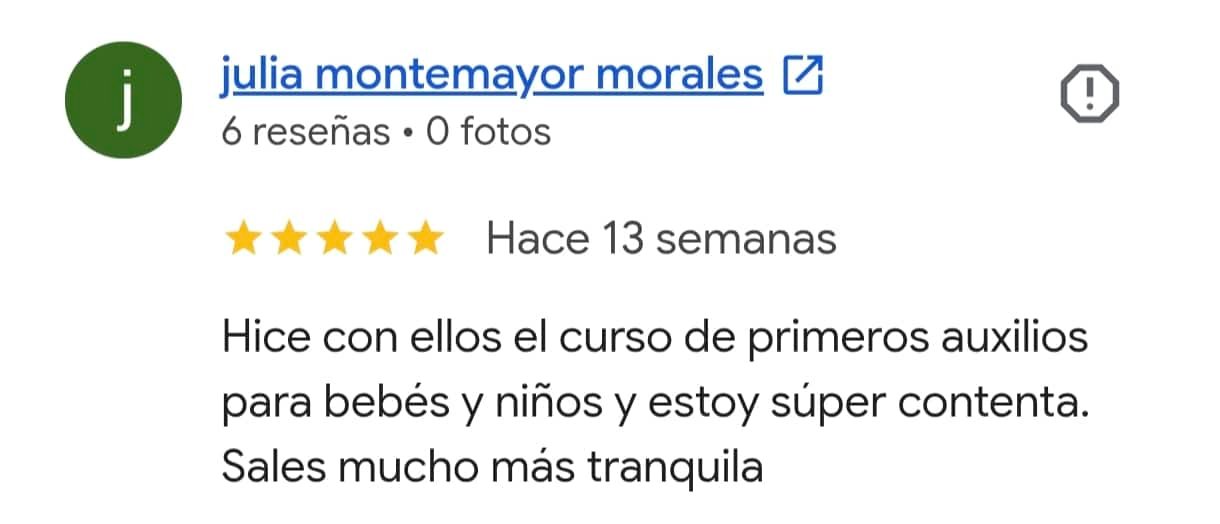 Reseña real de Google del curso de primeros auxilios para bebés y niños