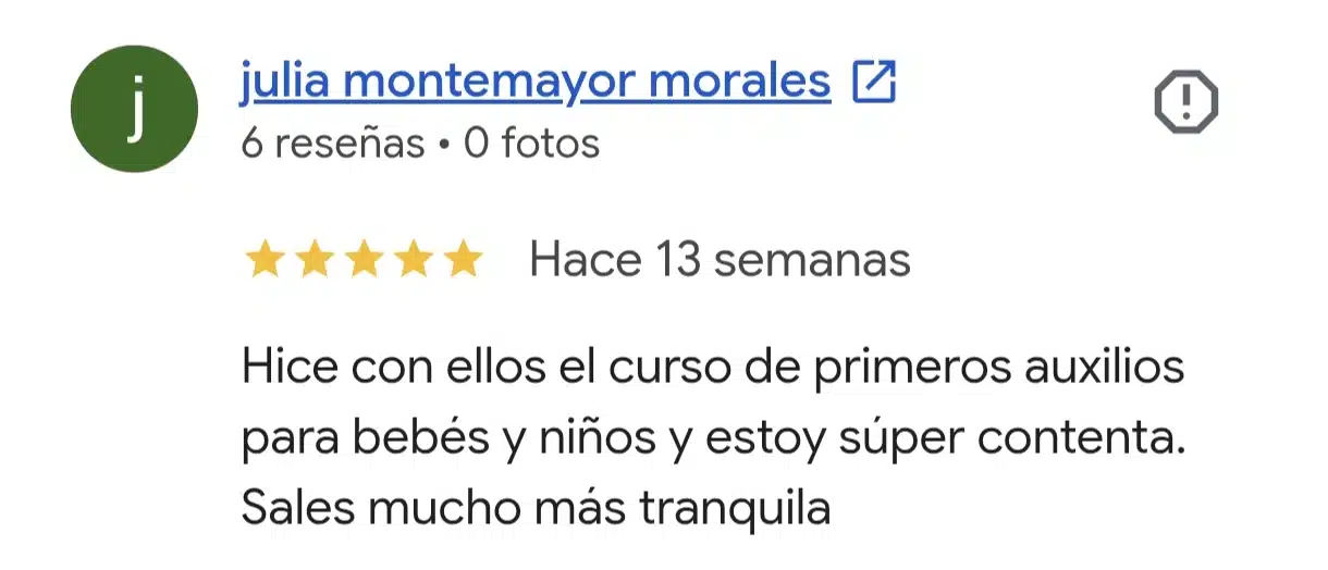 Reseña real de Google del curso de primeros auxilios para bebés y niños