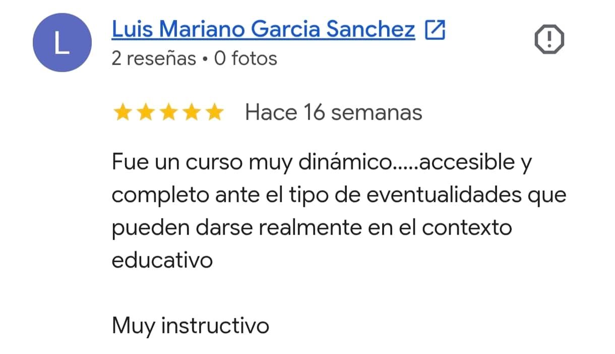 Reseña real de Google del curso de primeros auxilios para bebés y niños