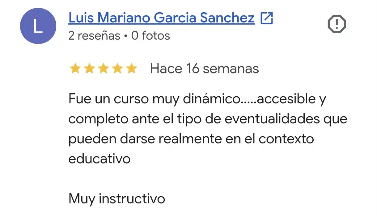 Reseña real de Google del curso de primeros auxilios para bebés y niños