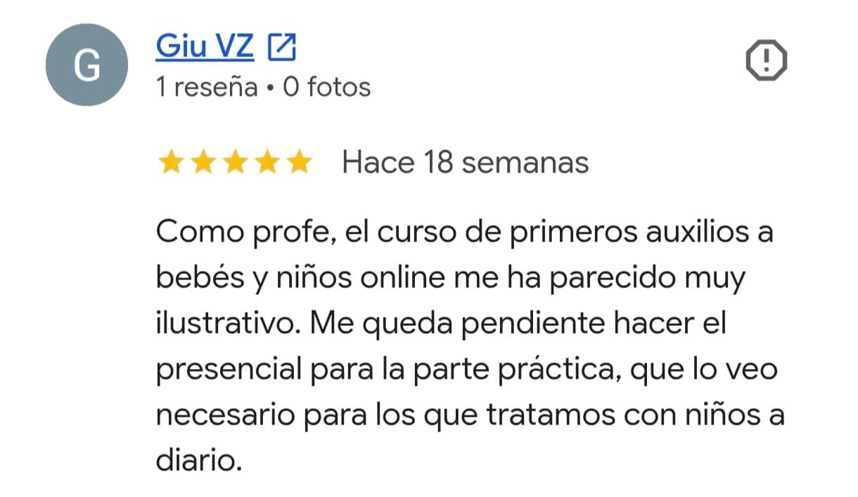 Reseña real de Google del curso de primeros auxilios para bebés y niños