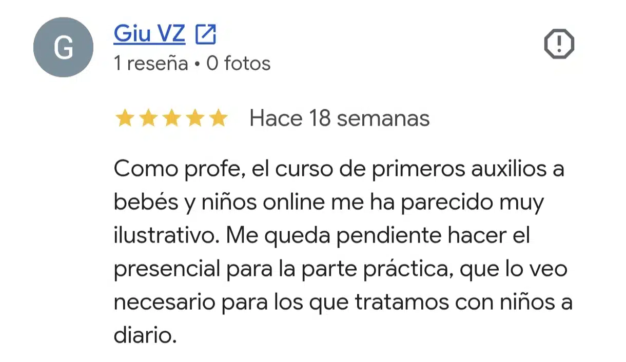 Reseña real de Google del curso de primeros auxilios para bebés y niños