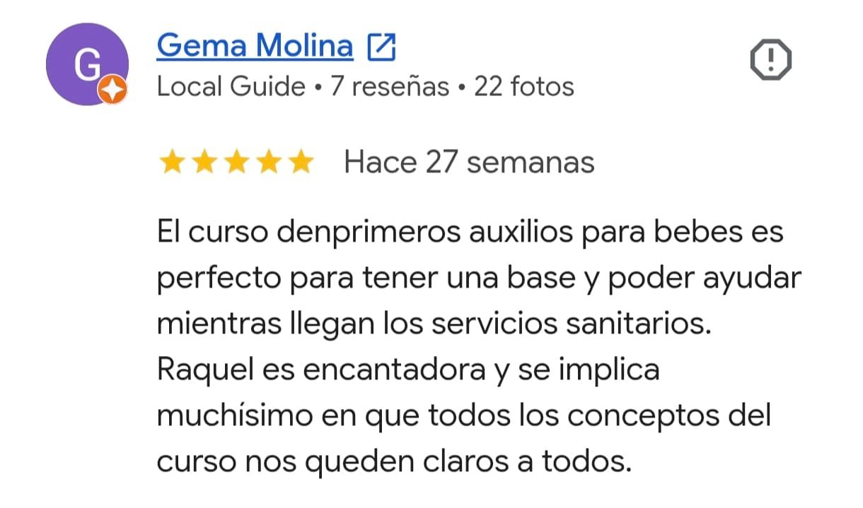Reseña real de Google del curso de primeros auxilios para bebés y niños