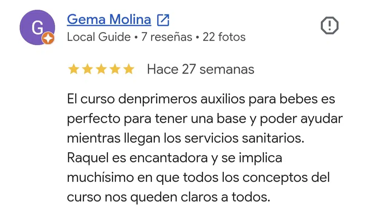 Reseña real de Google del curso de primeros auxilios para bebés y niños