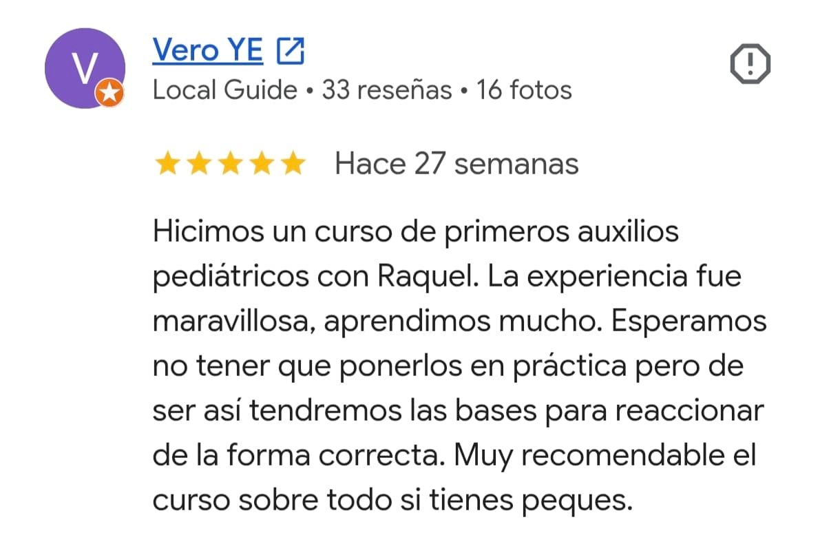 Reseña real de Google del curso de primeros auxilios para bebés y niños
