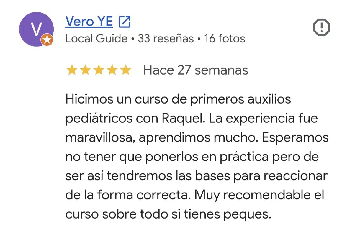 Reseña real de Google del curso de primeros auxilios para bebés y niños