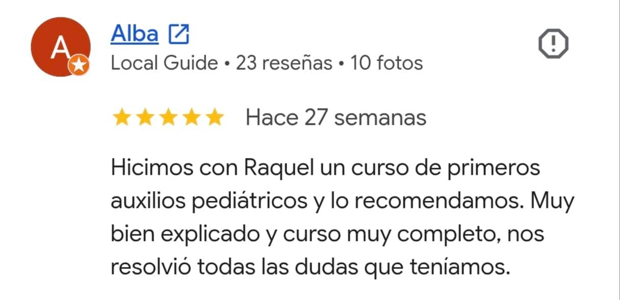 Reseña real de Google del curso de primeros auxilios para bebés y niños