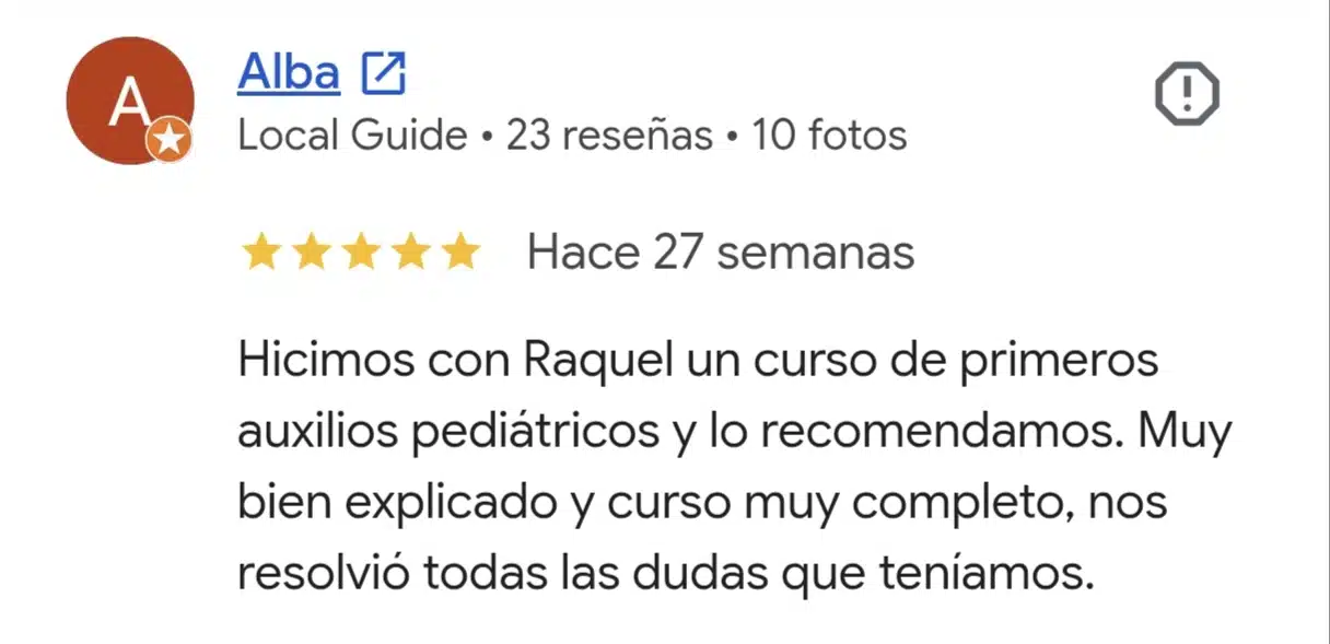 Reseña real de Google del curso de primeros auxilios para bebés y niños