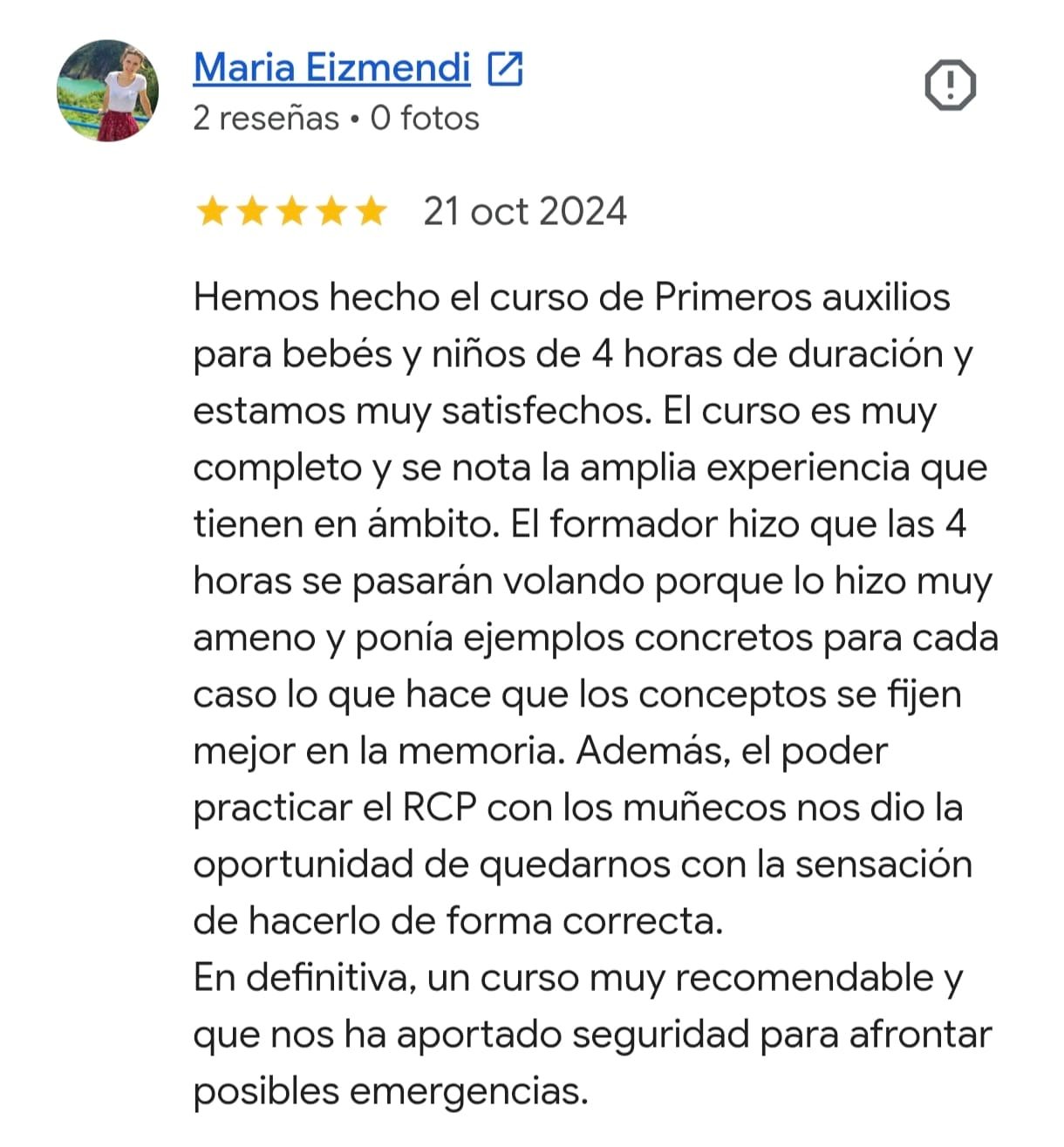 Reseña real de Google del curso de primeros auxilios para bebés y niños