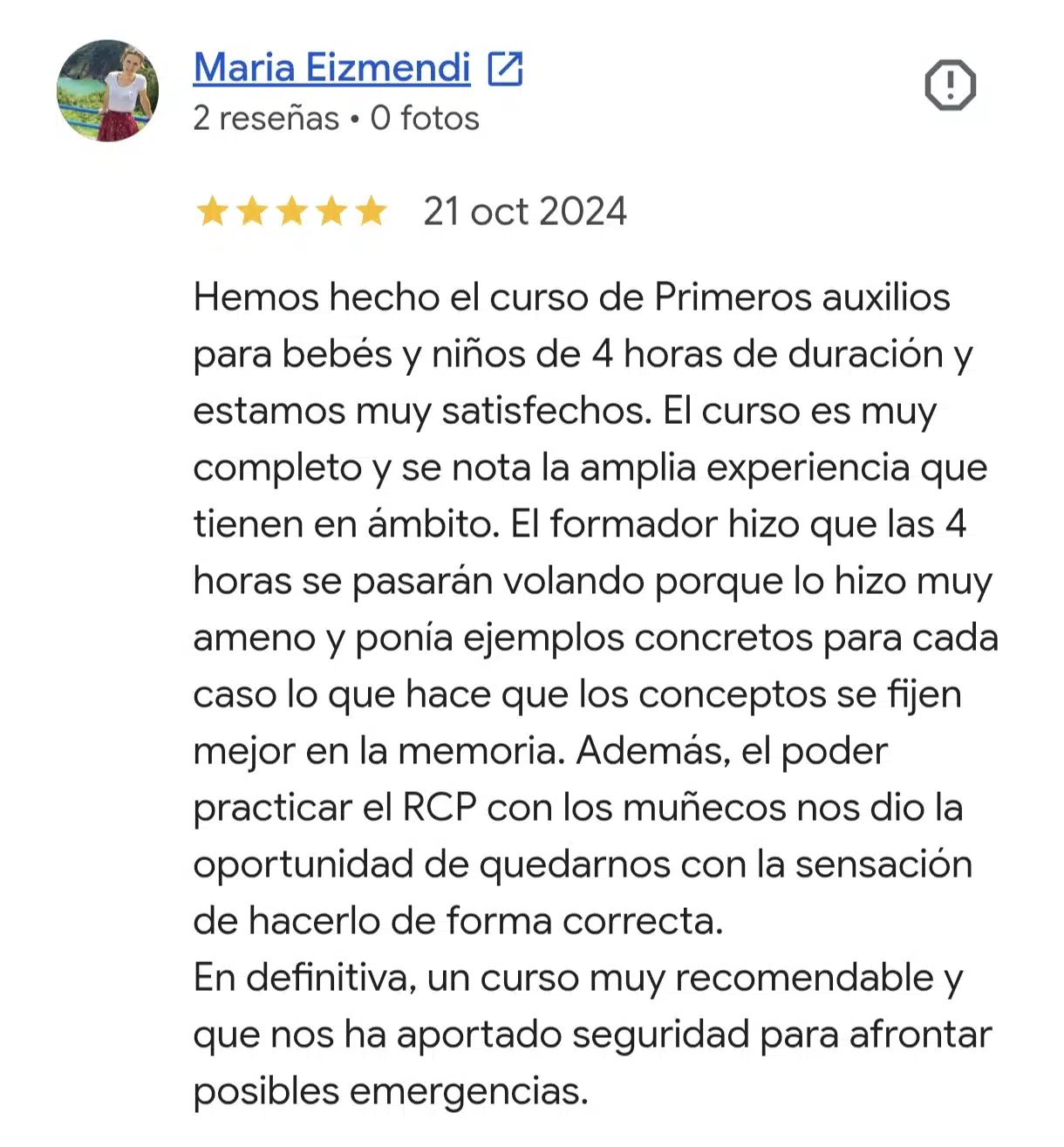Reseña real de Google del curso de primeros auxilios para bebés y niños