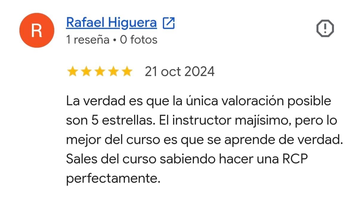 Reseña real de Google del curso de primeros auxilios para bebés y niños