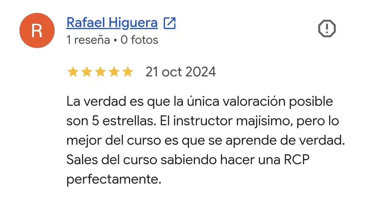 Reseña real de Google del curso de primeros auxilios para bebés y niños