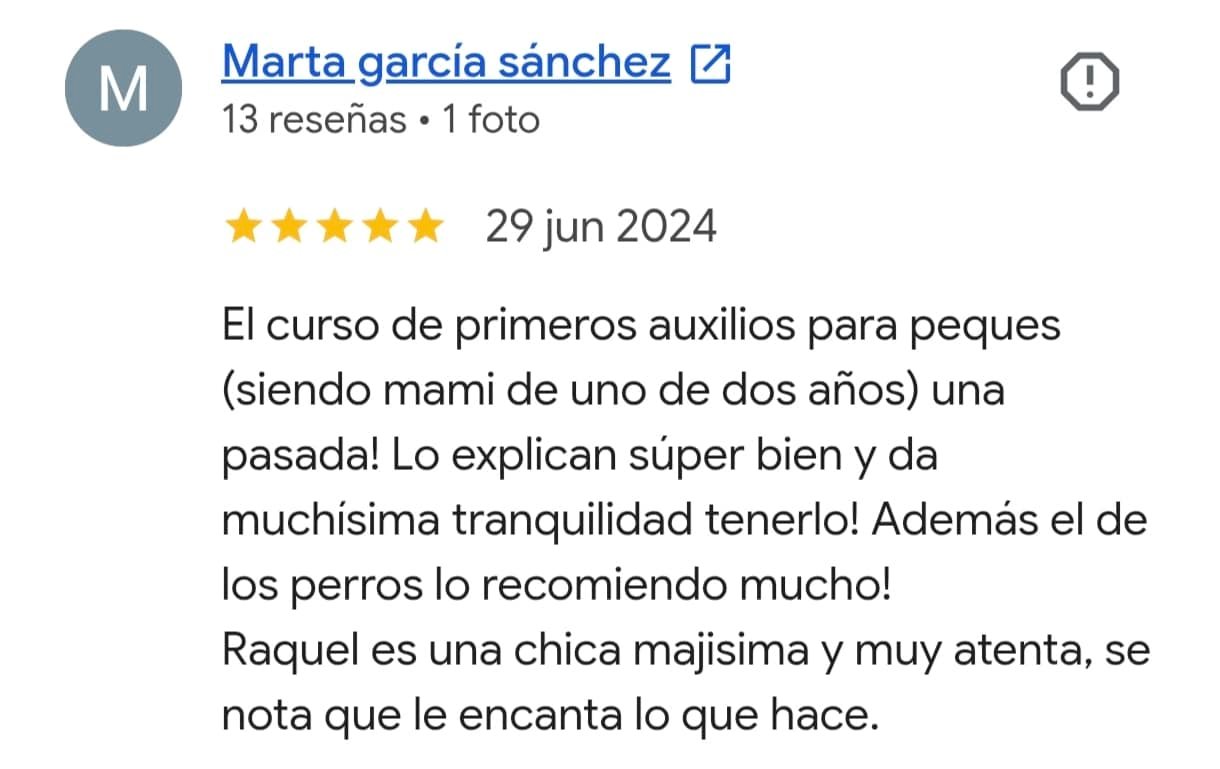 Reseña real de Google del curso de primeros auxilios para bebés y niños