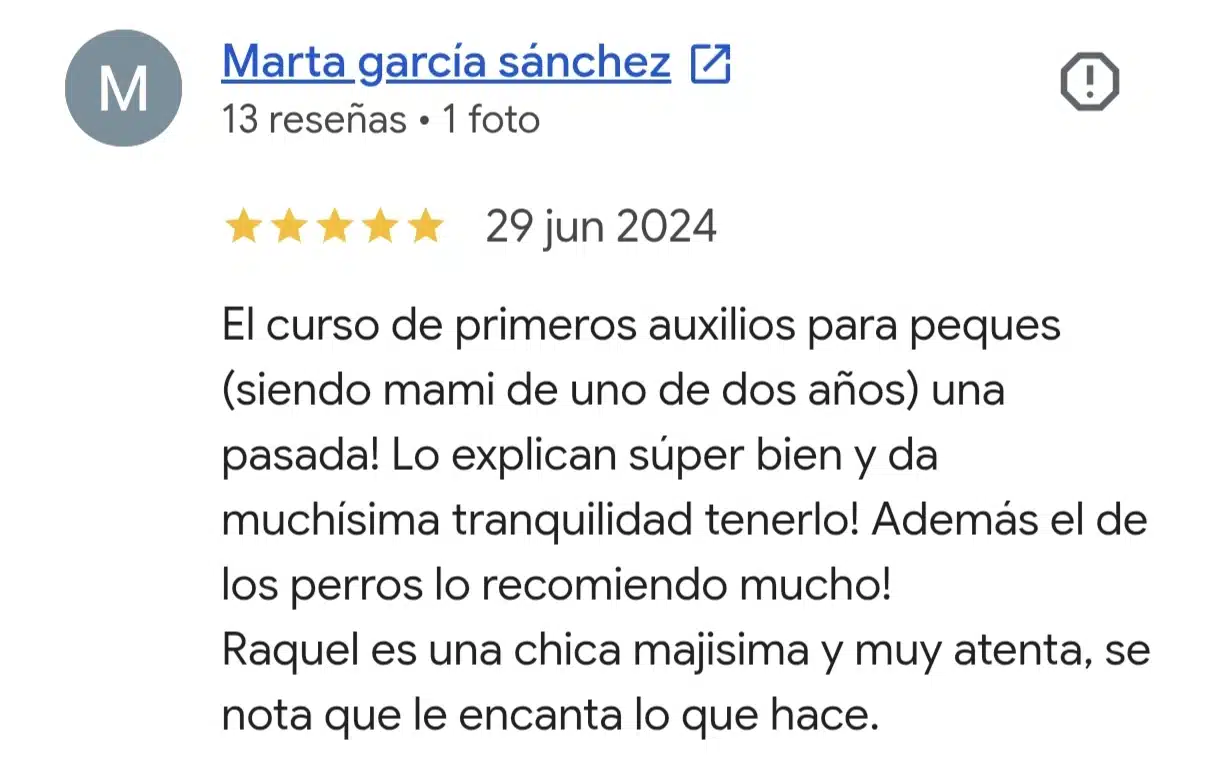 Reseña real de Google del curso de primeros auxilios para bebés y niños