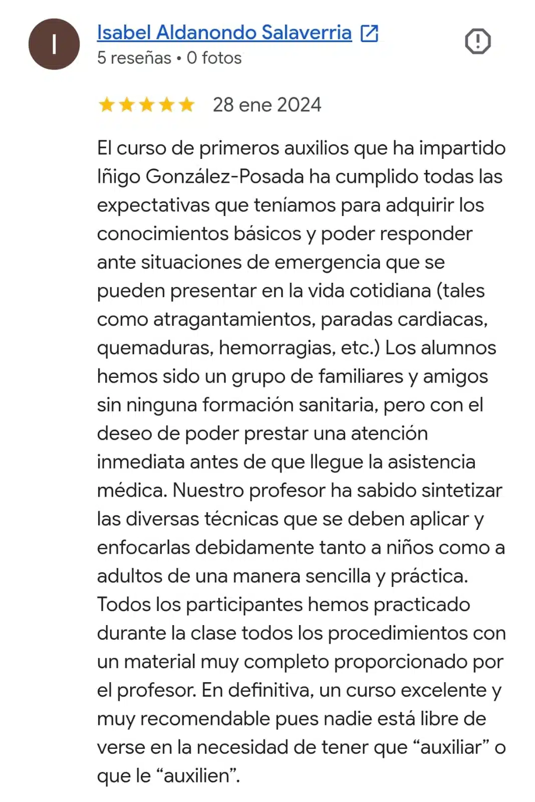Reseña real de Google del curso de primeros auxilios para bebés y niños