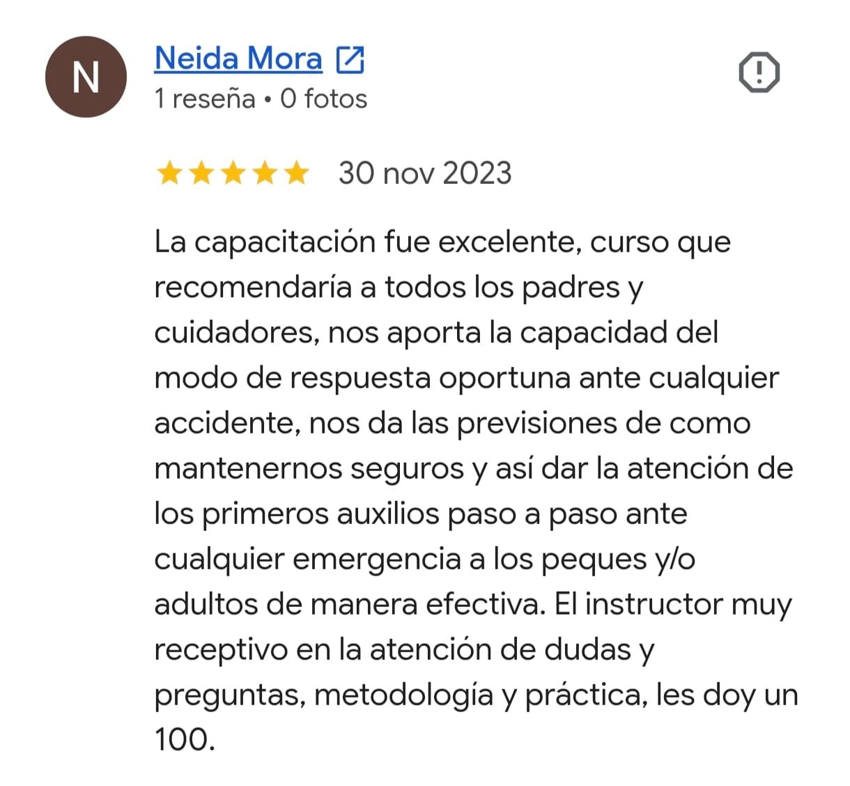 Reseña real de Google del curso de primeros auxilios para bebés y niños