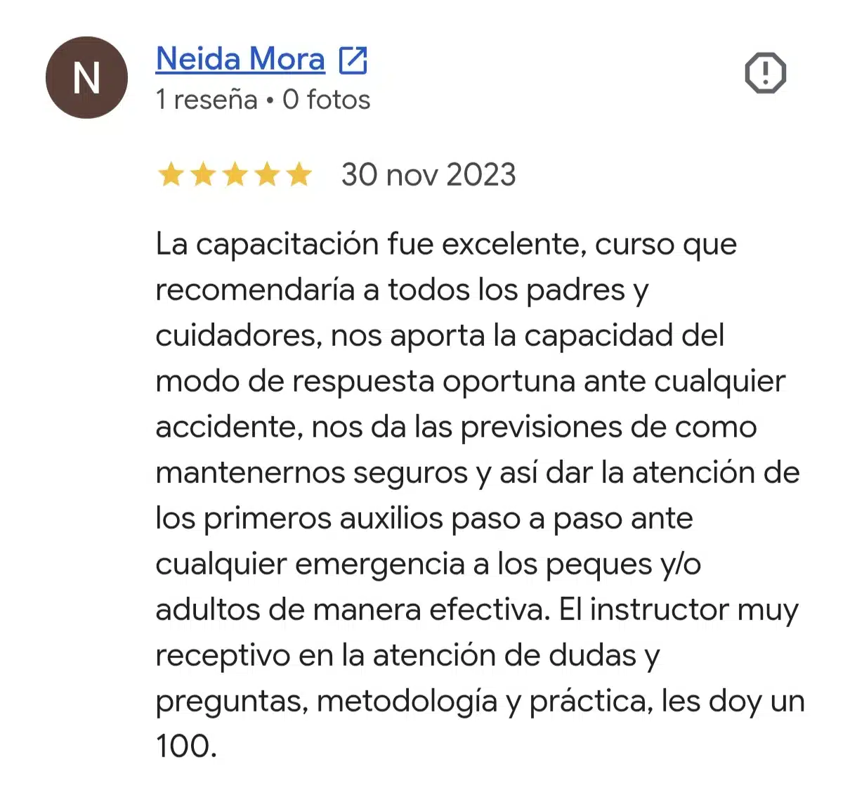 Reseña real de Google del curso de primeros auxilios para bebés y niños