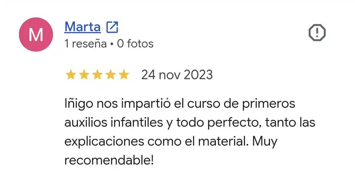 Reseña real de Google del curso de primeros auxilios para bebés y niños