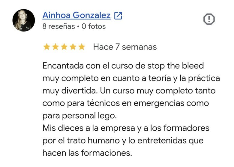 Reseña de 5 estrellas en Google sobre el curso Stop the Bleed de Salvar Vidas