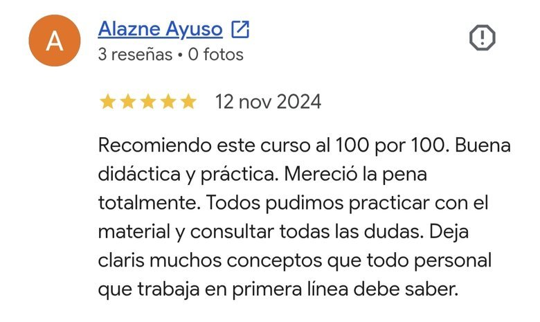 Reseña de 5 estrellas en Google sobre la formación práctica de Salvar Vidas