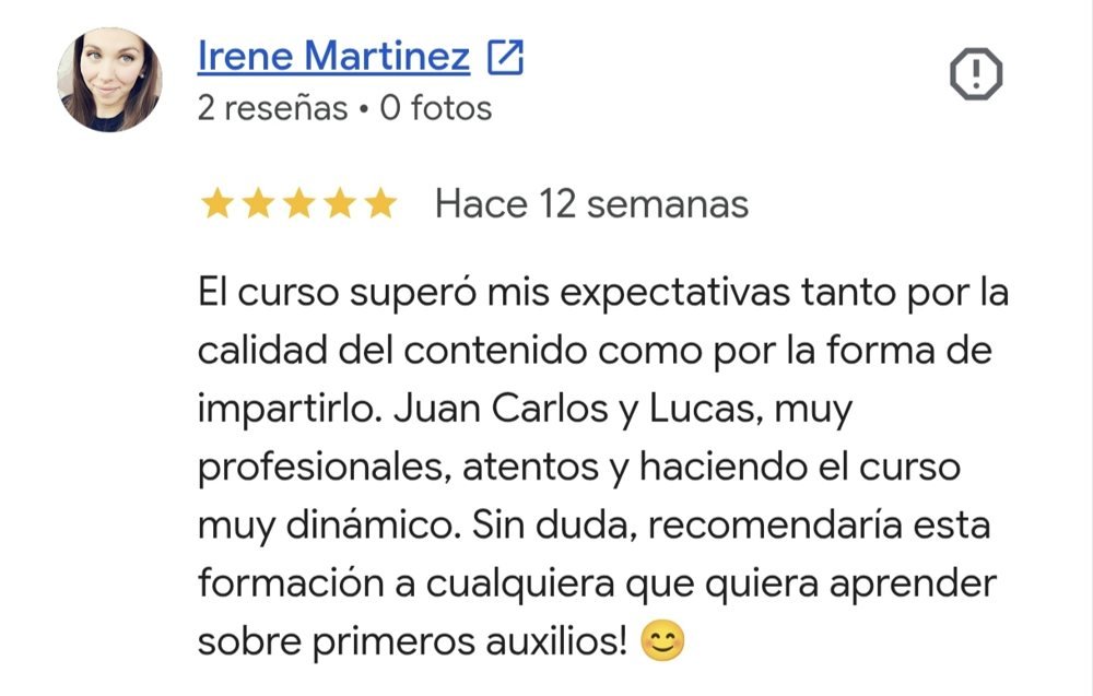 Reseña de 5 estrellas en Google sobre el curso de Salvar Vidas