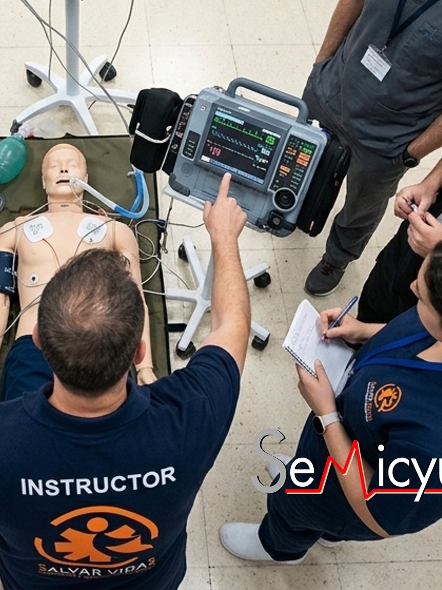 Equipo instructor de Salvar Vidas durante una simulación de Soporte Vital Avanzado
