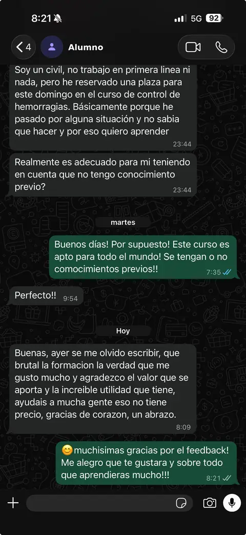 Conversación de WhatsApp de un alumno del curso de control de hemorragias, antes y después de la formación