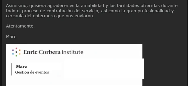 Correo de agradecimiento de Enric Corbera Institute por el servicio de enfermero en su evento