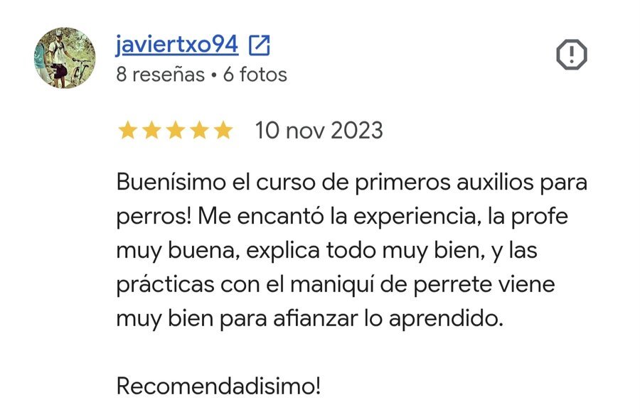 Reseña 5 estrellas sobre el curso de primeros auxilios para perros
