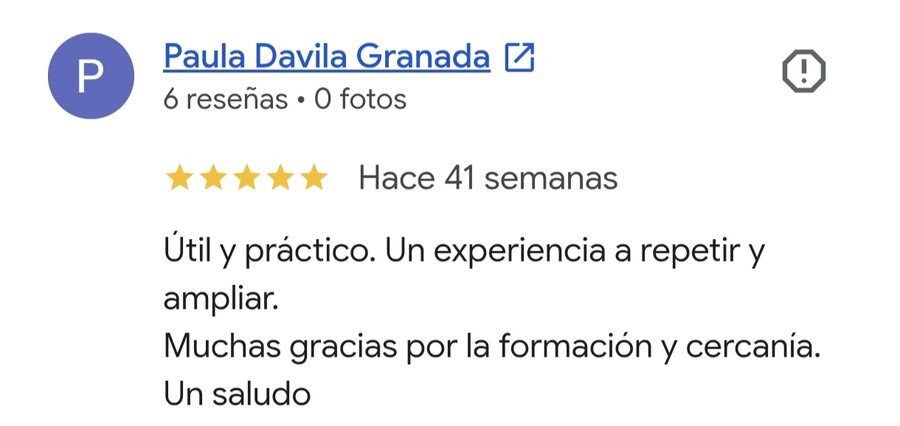 Reseña 5 estrellas de Paula Dávila sobre el curso de primeros auxilios para perros y gatos