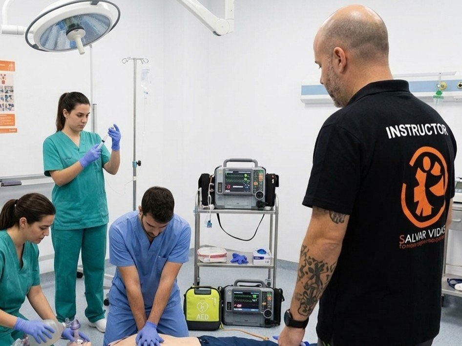 Equipo sanitario en un escenario de simulación de soporte vital avanzado con desfibrilador manual y preparación de fármacos, supervisado por un instructor de Salvar Vidas