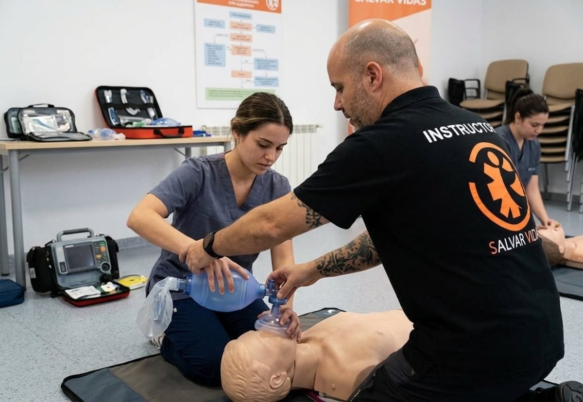 Instructor de Salvar Vidas corrigiendo la ventilación con balsón autoinflable a una alumna durante la práctica de soporte vital